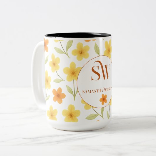 Personalisiert mit Orangen- und Gelbblumen _ Zweifarbige Tasse (Vorderseite Links)