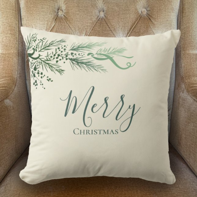 Personalisiert Modern einzigartig Pine Frohe Weihn Kissen (Add your name to the back of this pillow. My hand drawn pine Merry Christmas sage and cream decor.)