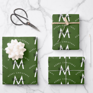 Personalisiert Modern Frohe Weihnachts-Grün-Monogr Geschenkpapier Set