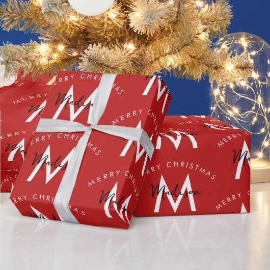 Personalisiert Modern Frohe Weihnachts-Rote Monogr Geschenkpapier (Feiertage)