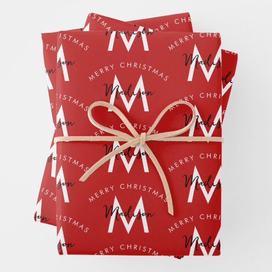Personalisiert Modern Frohe Weihnachts-Rote Monogr Geschenkpapier Set (Beispiel)
