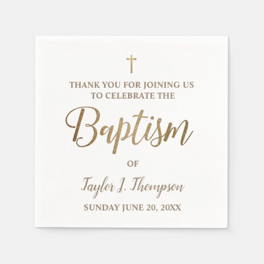 Personalisiert Moderne Taufe in Gold und Weiß Serviette (Vorderseite)