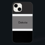 Personalisiert Moderner Grauer Schwarz-weißer Stre Case-Mate iPhone 14 Hülle<br><div class="desc">Moderne,  coole und stilvolle personalisierte Handy-Gehäuse mit grauem,  schwarz-weißem Streifenmuster. Große schwarz-graue Streifen mit kleinen weißen Streifen. Personalisiert mit dem Namen,  der in schwarzem Text gedruckt wurde.</div>