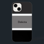 Personalisiert Moderner Grauer Schwarz-weißer Stre Case-Mate iPhone 14 Hülle<br><div class="desc">Moderne,  coole und stilvolle personalisierte Handy-Gehäuse mit grauem,  schwarz-weißem Streifenmuster. Große schwarz-graue Streifen mit kleinen weißen Streifen. Personalisiert mit dem Namen,  der in schwarzem Text gedruckt wurde.</div>