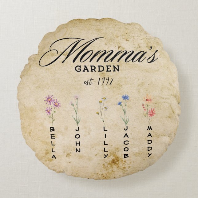 Personalisiert Mommas Wildblume Garden Rundes Kissen (Vorderseite)