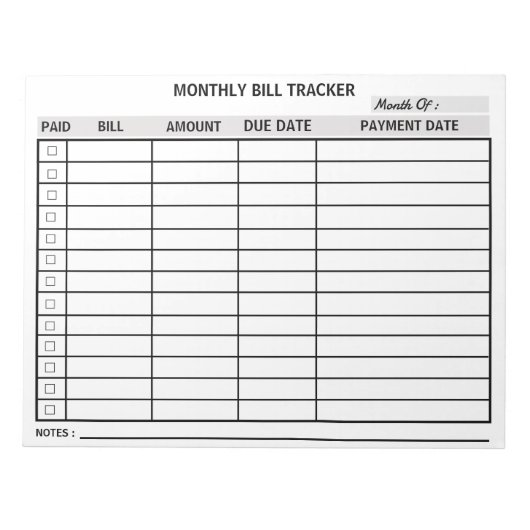 Personalisiert monatlicher Bill Tracker Notizblock (Vorderseite)