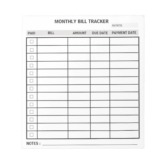 Personalisiert monatlicher Bill Tracker Notizblock (Vorderseite)