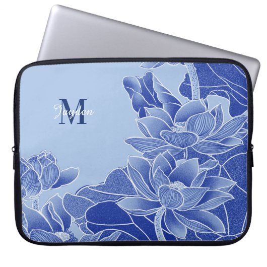 Personalisiert Monogram Blue Flowers Lotus Mandala Laptopschutzhülle (Vorderseite)