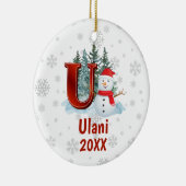 Personalisiert Monogram Letter U Snowman Weihnacht Keramik Ornament (Rechts)