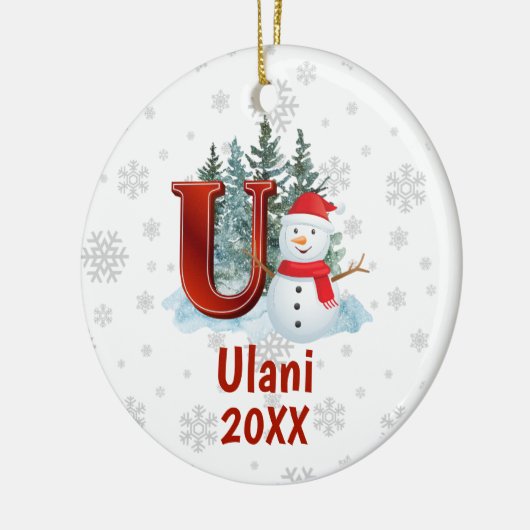 Personalisiert Monogram Letter U Snowman Weihnacht Keramik Ornament (Links)