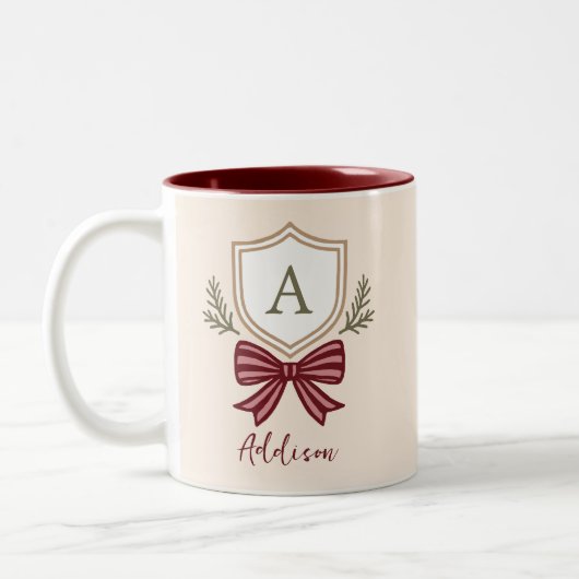 Personalisiert Monogramm Anfangsname Bow Weihnacht Zweifarbige Tasse (Links)