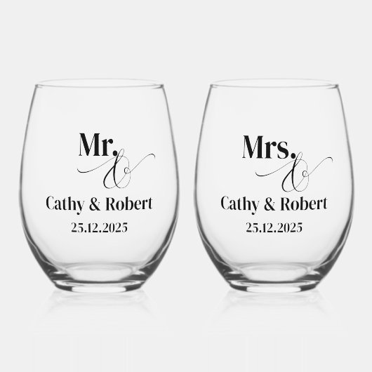 Personalisiert Mr. und Mrs. Wedding Weinglas Ohne Stiel (Vorderseite)