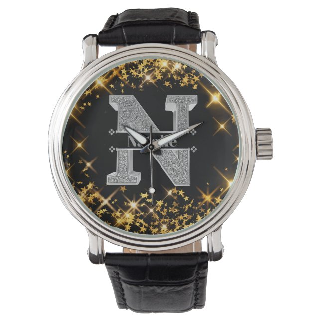Personalisiert N Initial Silver Monogram Ihr Name Armbanduhr (Vorderseite)