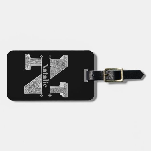 Personalisiert N Initial Silver Monogram Ihr Name Gepäckanhänger (Vorderseite horizontal)