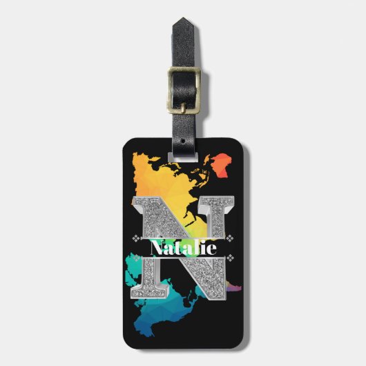 Personalisiert N Initial Silver Monogram Ihr Name Gepäckanhänger (Vorderseite vertikal)