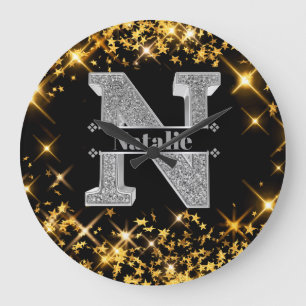 Personalisiert N Initial Silver Monogram Ihr Name Große Wanduhr