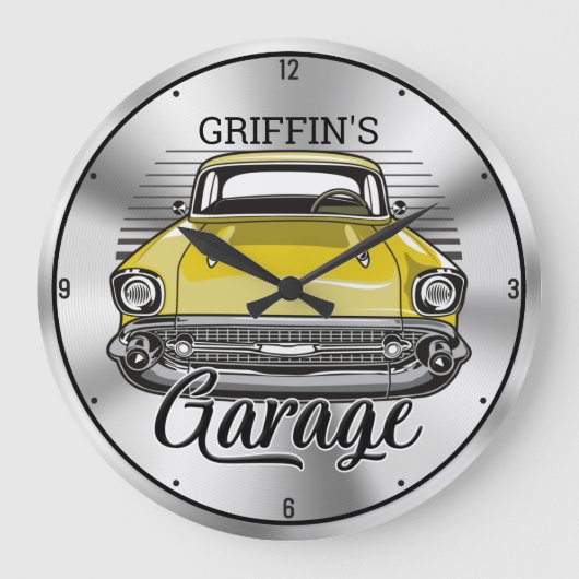 Personalisiert NAME American Classic Car Garage Große Wanduhr (Vorderseite)