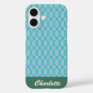 Personalisiert Name Aqua Blue Vintag Geometric iPhone 16 Hülle