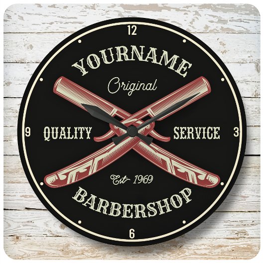 Personalisiert NAME Barber Straight Razor Barbersh Große Wanduhr