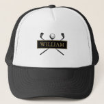 Personalisiert Name Black Gold Golf Ball und Clubs Truckerkappe<br><div class="desc">Personalisieren Sie den Namen,  um ein großartiges Golfgeschenk zu schaffen und zu behalten. Entwickelt von Thisisnotme©</div>