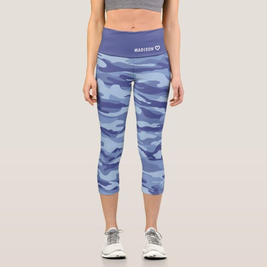 Personalisiert Name Blue Camouflage Muster Capri Leggings (Vorderseite)