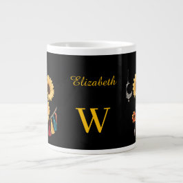 Personalisiert Name Boho Floral Sunflower Black Jumbo-Tasse