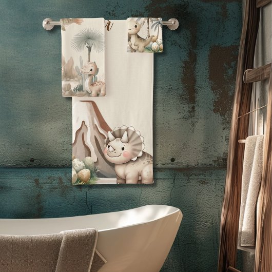 Personalisiert Name Boho Niedlich Dinosaurier Badhandtuch Set