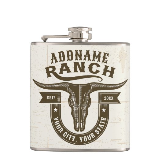 Personalisiert NAME Bull Steer Skull Western Ranch Flachmann (Vorderseite)