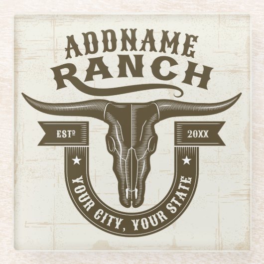 Personalisiert NAME Bull Steer Skull Western Ranch Glasuntersetzer (Vorderseite)