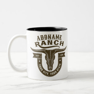 Personalisiert NAME Bull Steer Skull Western Ranch Zweifarbige Tasse