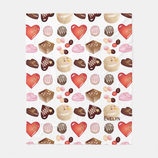 Personalisiert Name Chocolate Candy Heart Pattern Fleecedecke (Vorderseite)