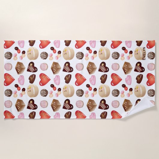 Personalisiert Name Chocolate Candy Heart Pattern Strandtuch (Vorderseite)