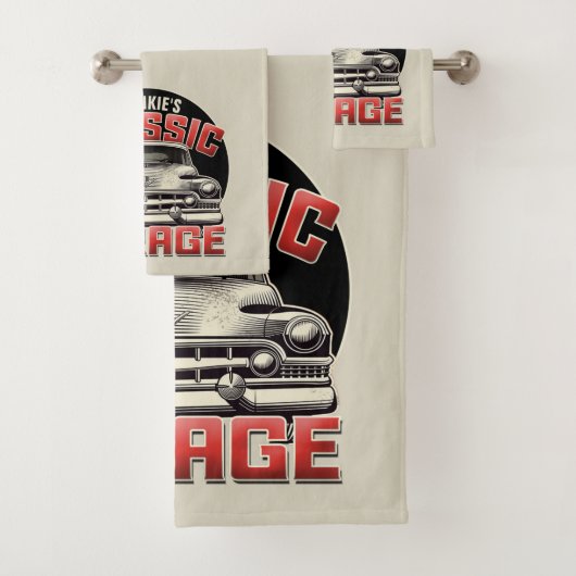 Personalisiert NAME Classic Car Garage Custom Shop Badhandtuch Set (Insitu)