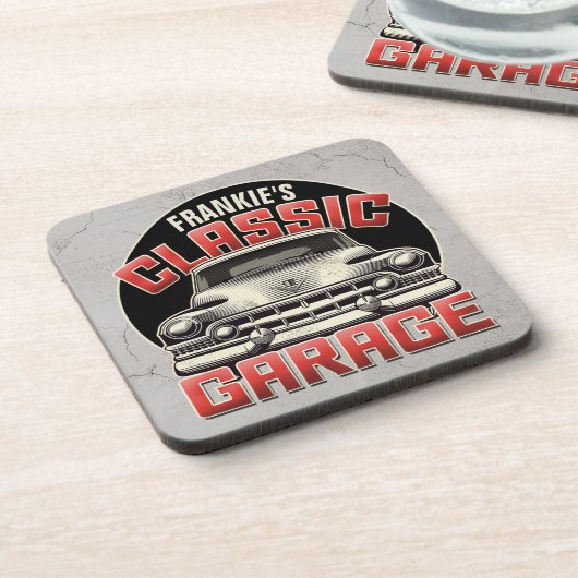 Personalisiert NAME Classic Car Garage Custom Shop Getränkeuntersetzer (Linke Seite)