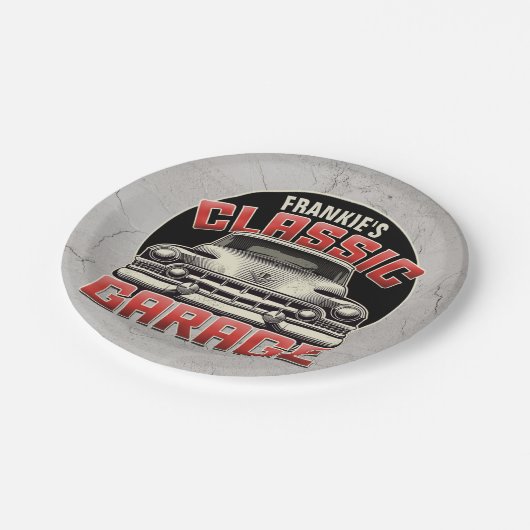 Personalisiert NAME Classic Car Garage Custom Shop Pappteller (Schrägansicht)