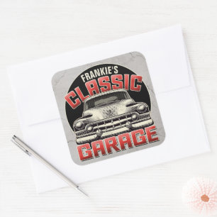 Personalisiert NAME Classic Car Garage Custom Shop Quadratischer Aufkleber