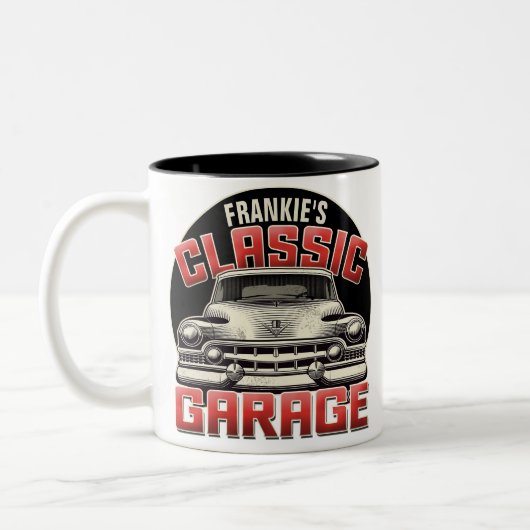 Personalisiert NAME Classic Car Garage Custom Shop Zweifarbige Tasse (Links)