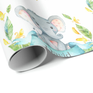 Personalisiert Name Elephant Baby Aquamarin und Gr Geschenkpapier