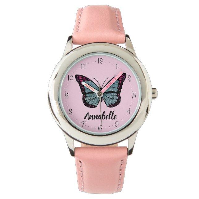 Personalisiert Name Glitzern Butterfly Pink Kinder Armbanduhr (Vorderseite)