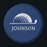 Personalisiert Name Golf Club Ball Magnet<br><div class="desc">Navy personalisierter Golfmagnet mit einem einzigartigen Golf-Ball und Logo-Design des Golfclubs ist ein großartiges Golfgeschenk oder Sake für einen Golfer,  einen Caddy oder einen Golf Club Merch oder einen Turnierpreis.</div>