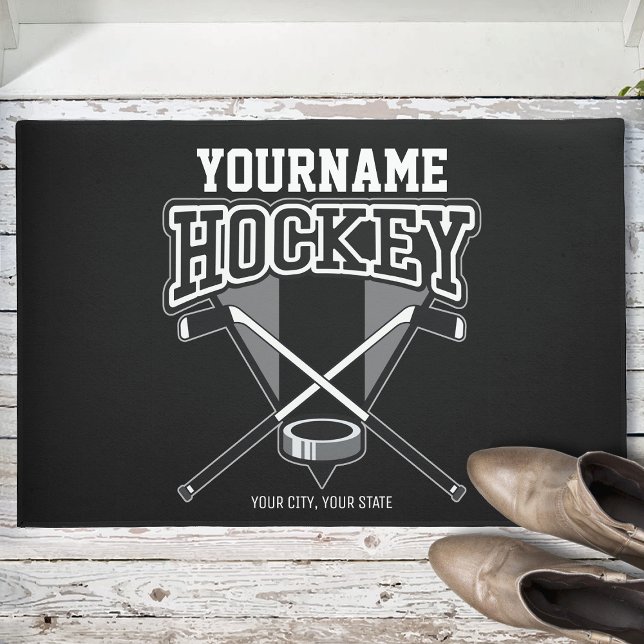Personalisiert NAME Hockey Player Stick Puck Team Fußmatte (Von Creator hochgeladen)