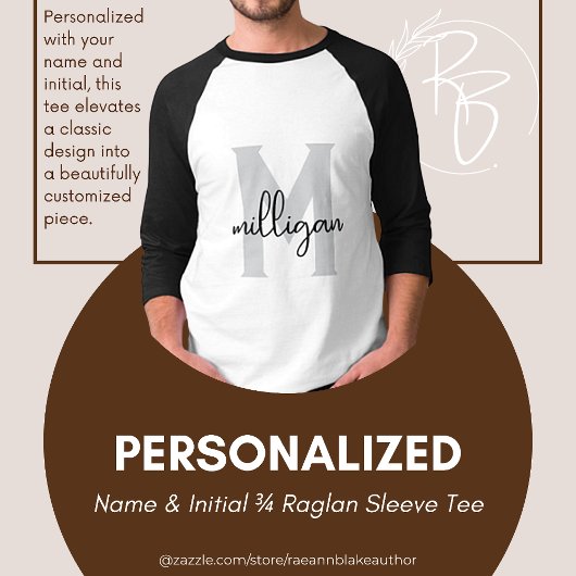 Personalisiert Name & Initial 3/4 Raglan Sleeve T- T-Shirt
