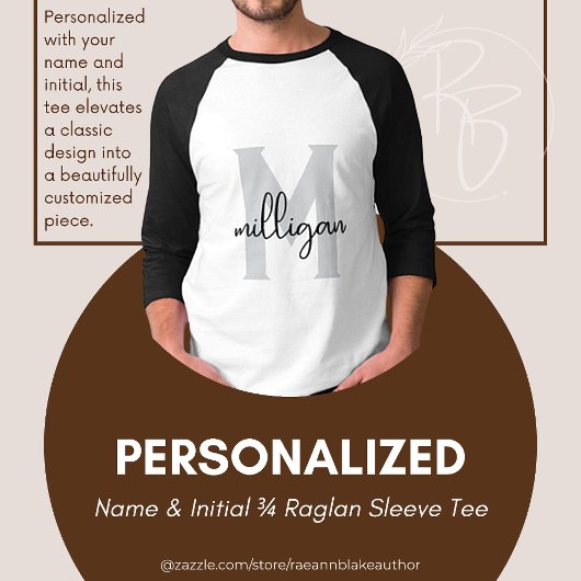 Personalisiert Name & Initial 3/4 Raglan Sleeve T- T-Shirt