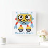 Personalisiert Name Kid's Wall Clock Niedlich Robo Quadratische Wanduhr (Zuhause)