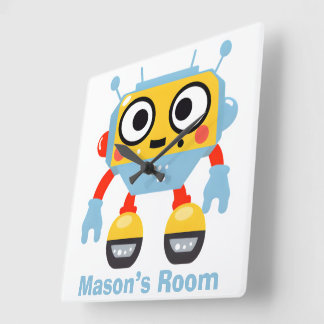 Personalisiert Name Kid's Wall Clock Niedlich Robo Quadratische Wanduhr