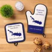 Personalisiert Name Lake Arrowhead Map Navy Blue Ofenhandschuh & Topflappen-Set (Oben Unten)