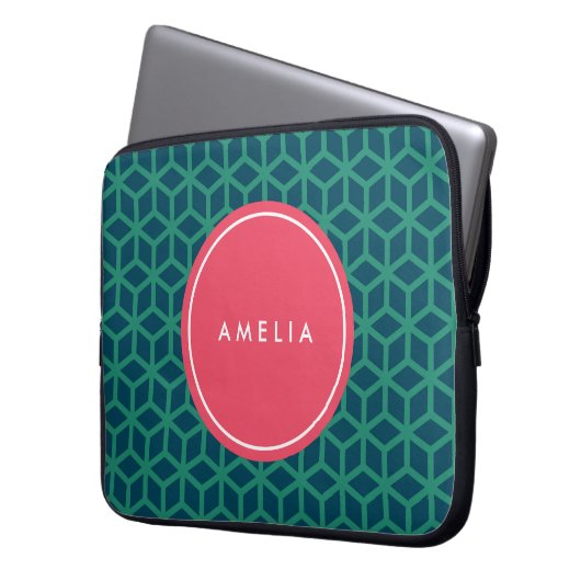 Personalisiert Name Monogram Geometric Aquamarin Laptopschutzhülle (Vorderseite Links)