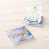 Personalisiert Name Monogram Lila Watercolor Luxe Glasuntersetzer (Schrägansicht)