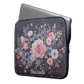 Personalisiert Name Navy Blue Pink Glitzer Blume Laptopschutzhülle (Vorderseite Links)