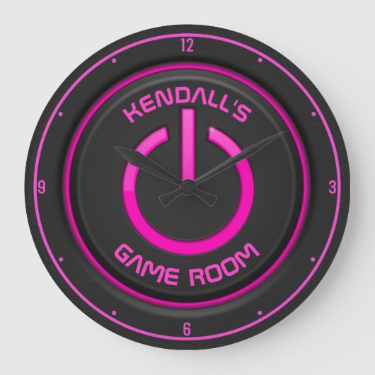 Personalisiert NAME Neon Power Button Spielezeiche Große Wanduhr (Vorderseite)